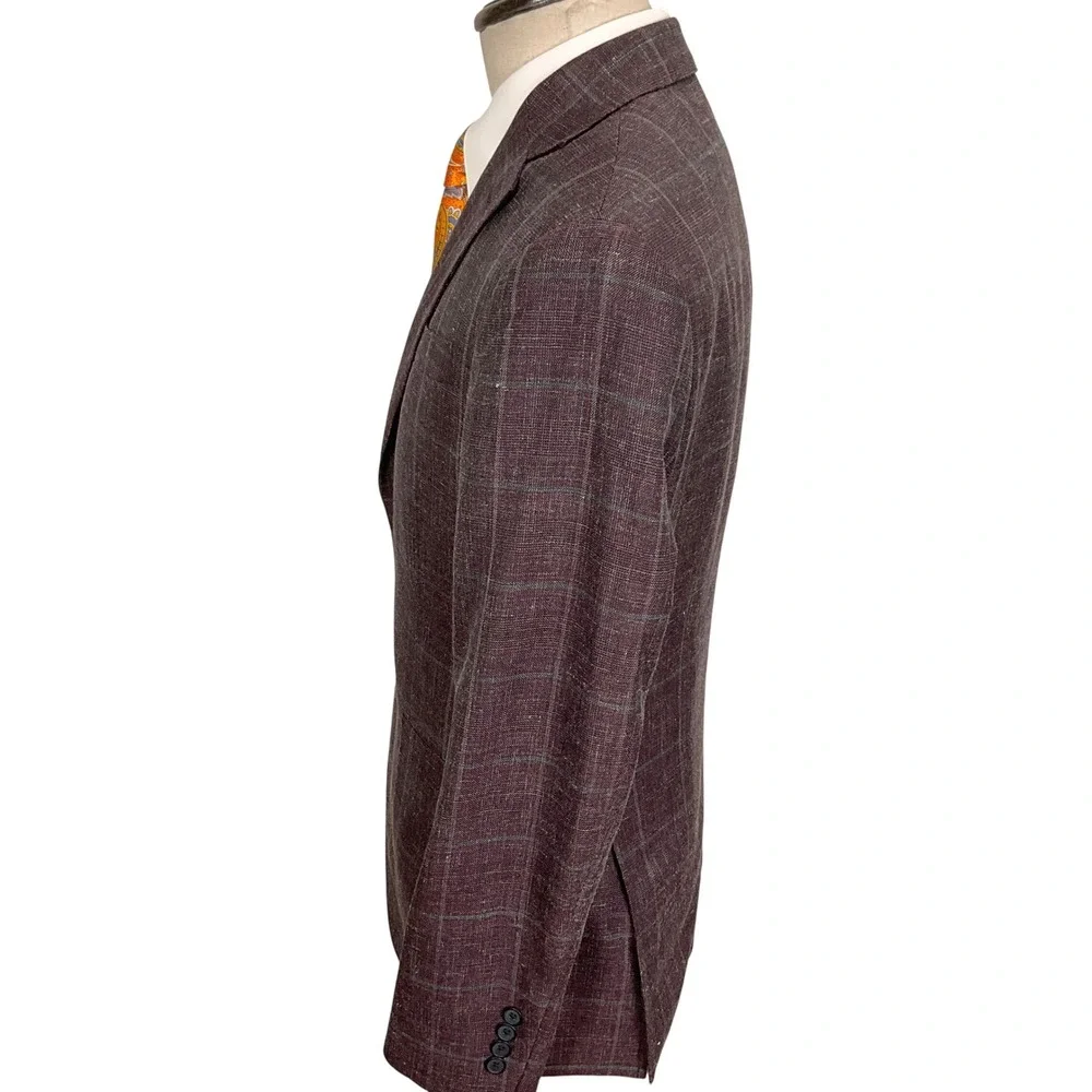 Nordstrom Blazer Mens 36R Plum Plaid Trim Fit Quiet Luxury Wool/Silk/Linen